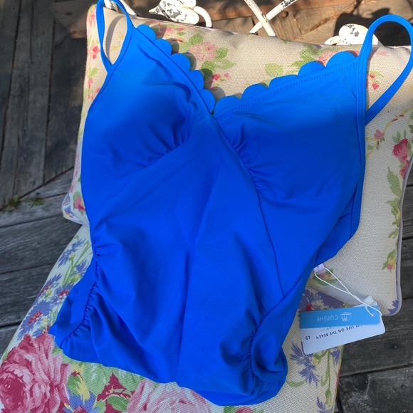 Cupshe One Piece Swimsuit Scalloped Neckline Ruched Waist Bright Blue - Picture 2 of 12